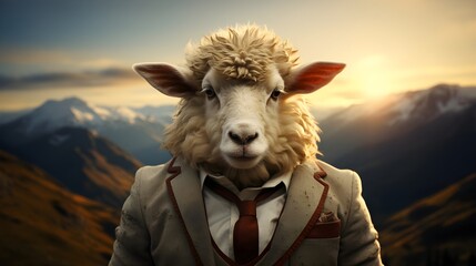 Eine Schaf trägt einen Arbeitsanzug in den Alpen. Generative KI - obrazy, fototapety, plakaty
