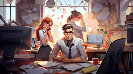 frustrated co-workers feeling busy and tired in office due to crunch, poor management system, demanding workload, and need for optimization