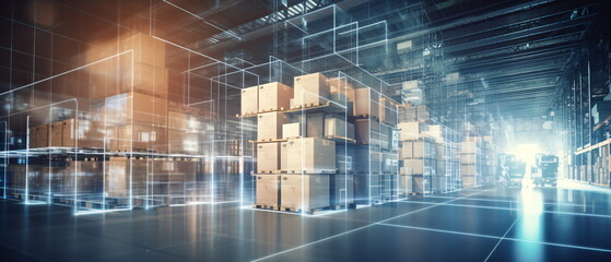 Futuristic Technology Retail Warehouse: Digital and Visualization of Industry 4.0. smart logistics, ecommerce and delivery concept in modern industry. Generative ai