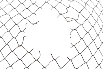 The texture of the metal mesh. Torn, destroyed, broken metal mesh on a white background