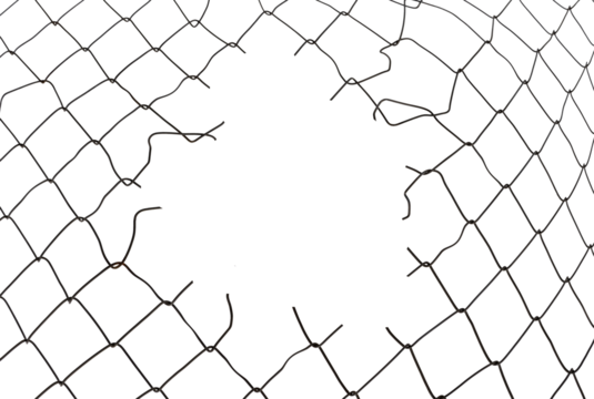 The texture of the metal mesh. Torn, destroyed, broken metal mesh on a white background