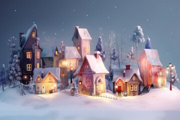 Fototapeta na wymiar Fairy Christmas Town at night. Christmas Houses in the snow. Merry Christmas and Happy New Year. Christmas Festive Background, banner, poster, greeting card