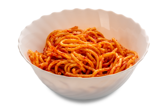 Bucatini pasta with tomato sauce in ceramic serving tureen isolated on white with clipping path included