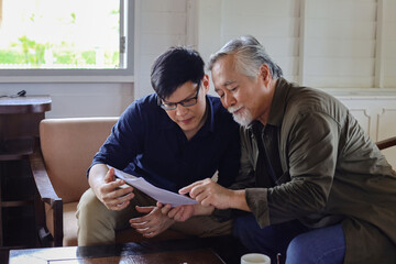 Obraz premium Happiness father and son talking and sharing discussion lifestyle for domestic life at home.