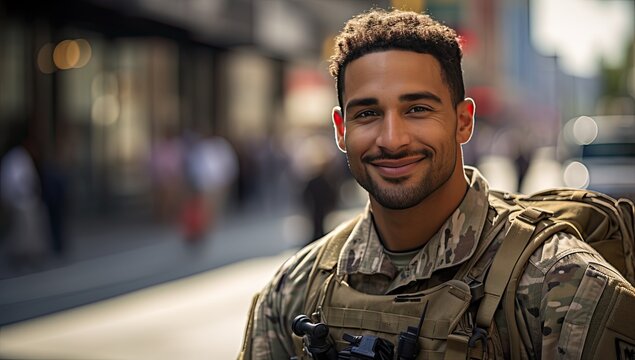 Portrait Of A Soldier In Military Uniform In The City