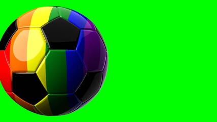 Rainbow colored soccer ball on green chroma key text space.
LGBT concept.3d illustration.
