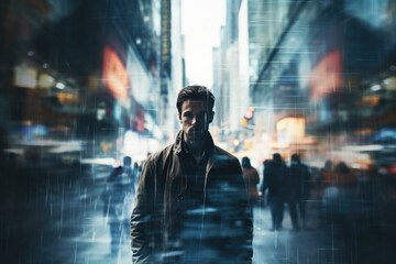 Portrait of young man on a hustling street. Double exposure with man and city on the background
