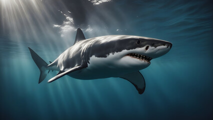 Fototapeta premium Great White Shark in the thrilling sea. (generative ai)