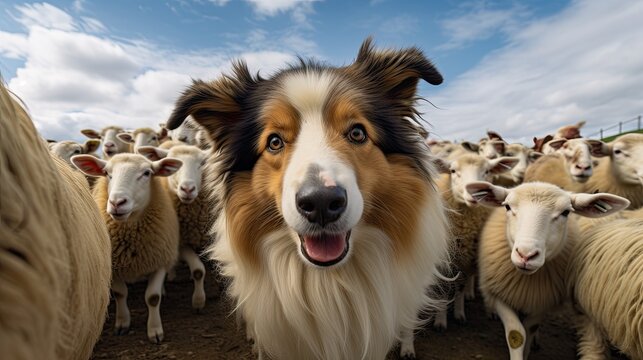 A Shetland sheepdog is guarding sheep on a farm.