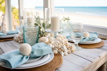 Fototapeta na wymiar Photo of a Christmas beach-inspired table centrepiece with seashells and candles created with Generative AI technology