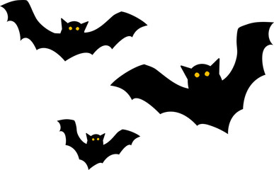Isolated halloween Illustration of spooky, cute and fun group of flying black bat with eyes.