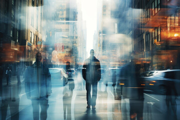 Portrait of young man on a hustling street. Double exposure with man and city on the background - obrazy, fototapety, plakaty