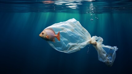 Fototapeta premium A fish carrying a plastic bag. The notion of ocean pollution.
