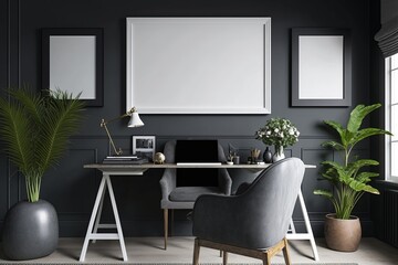 Slate Grey Home Office with Empty Frames on the Wall