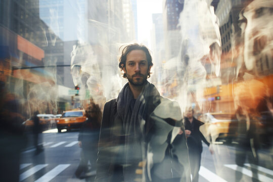 Portrait of young man on a hustling street. Double exposure with man and city on the background