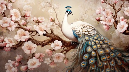 A peacock constructed of golden, blooming cherry trees, white magnolia blossoms, little sakura...