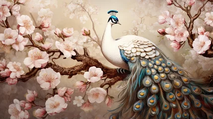 Zelfklevend Fotobehang A peacock constructed of golden, blooming cherry trees, white magnolia blossoms, little sakura flowers, retro wallpapers, and vintage items. © Nazia