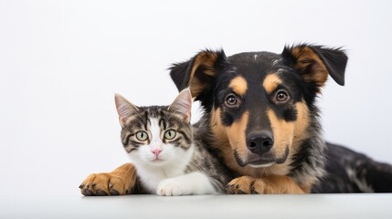A calm Queensland Heeler mixed breed dog lays against a white background, rolling his gaze up at a kitten lying on his head.