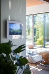 Smart Home Digital Control on a Living Room Wall, Offering a View of a Large Window with Roller Shutters Half Closed, Embracing Modern Home Automation