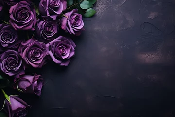 Fototapeten violet roses border frame on dark wooden background top view, floral template with copy space © Маргарита Вайс
