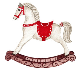 Watercolor christmas rocking horse toy illustration - 653854341