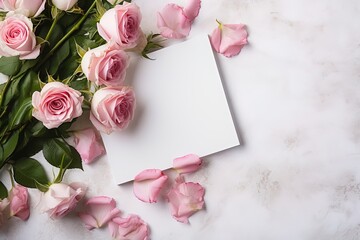 mockup white blank paper sheet with pink roses flowers top view, floral template empty card flat lay for design with copy space - Powered by Adobe