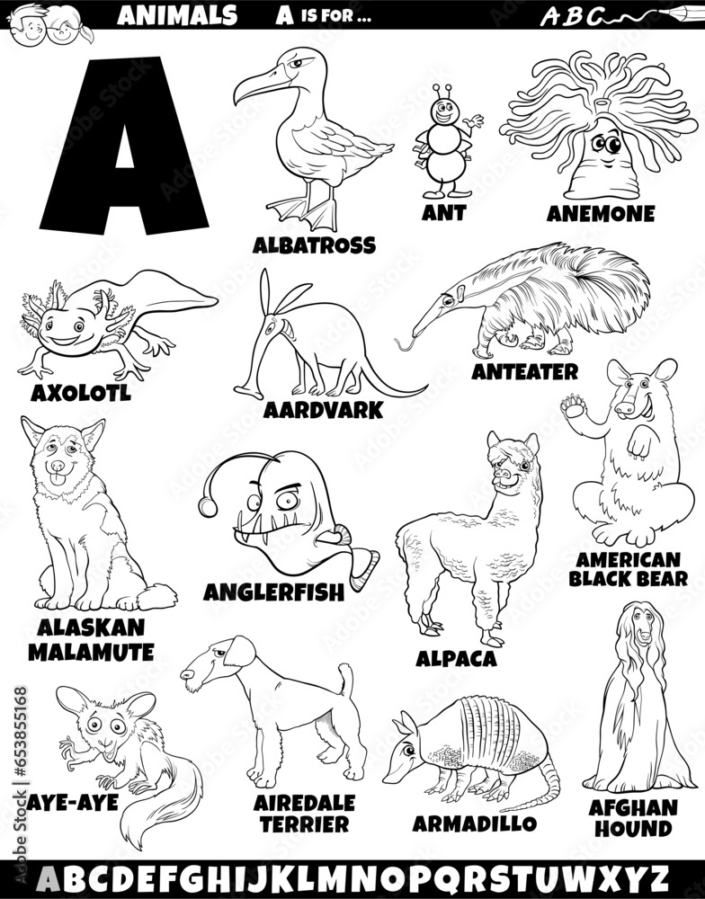 Sticker educational alphabet set with cartoon animals coloring page