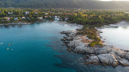Aerial drone view of iconic paradise bay and twin beaches of Karidi and small Karidi, Vourvourou,...