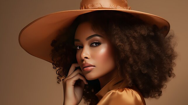 A young black woman is depicted in a profile beauty shot wearing a camel-colored hat.