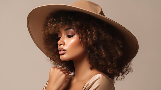 A young black woman is depicted in a profile beauty shot wearing a camel-colored hat.