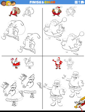 drawing and coloring worksheets set with Santa Claus characters