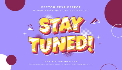 Vector shadow retro text effect. Stay tuned retro graphic style on purple background