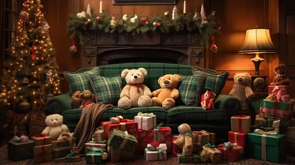 Fotobehang  a living room filled with lots of presents and teddy bears.  generative ai © Olga