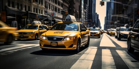 Taxi Cabs in a City: Urban Transportation in Action as Yellow Taxis Navigate Busy Streets,...