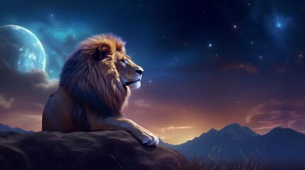 The monarch of creatures, soaring butterflies, amid a moonlight landscape. Proud fantasy lion in...