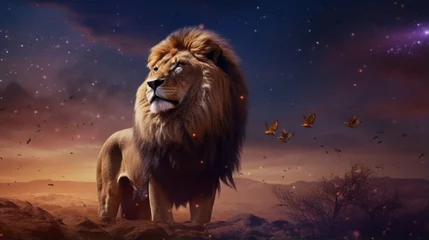 Foto op Plexiglas In the woods, there is a lion and a sunset. King of the animals on a savannah scene with palm trees. Beautiful warm sunlight and a stunning clouded sky. Portrait of a proud dreaming leo in the savanna © Nazia