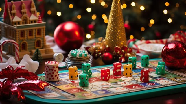  a close up of a board game with dices and christmas decorations.  generative ai