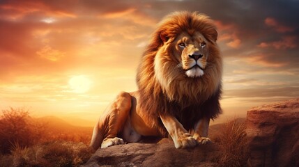 In the woods, there is a lion and a sunset. King of the animals on a savannah scene with palm trees. Beautiful warm sunlight and a stunning clouded sky. Portrait of a proud dreaming leo in the savanna