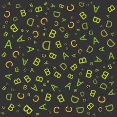 Alphabet random pattern on dark background. ABCD Letters at different size.Solid color