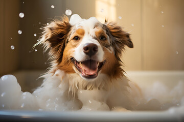 The dog bathes in a bath with soap bubbles and foam - obrazy, fototapety, plakaty
