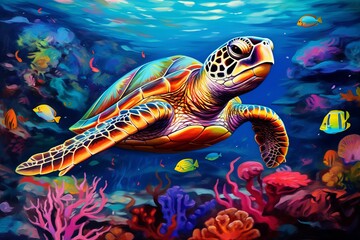 Fototapeta na wymiar turtles with the beauty of the sea along with other small fish generative ai