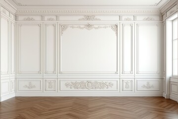 White wall with classic style mouldings and wooden floor, empty room interior - obrazy, fototapety, plakaty