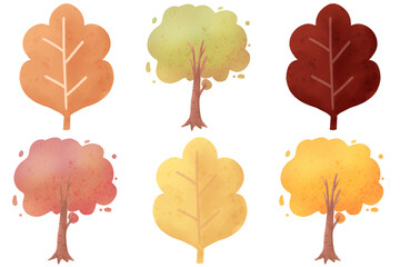 Fototapeta premium Set Of Autumn Tree: A Whimsical and Colorful Cartoon Drawing of a Happy Tree in the Vibrant Splendor of Fall, Perfect for Seasonal Designs and Decorations