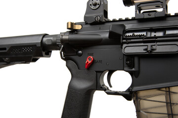 Close-up of the trigger of an automatic rifle.  Weapons for police, special forces and the army. A...