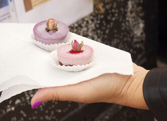 Womans hand showing mini cheesecakes bought at the farmers market in Prague