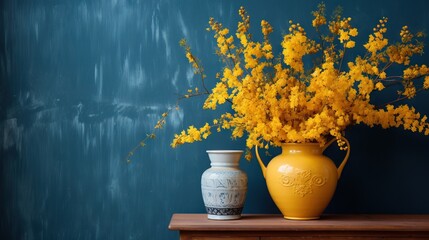  a yellow vase with yellow flowers on a table next to a blue wall.  generative ai - obrazy, fototapety, plakaty
