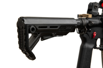 Close-up of the butt of an automatic rifle. Weapons for police, special forces and the army. A...
