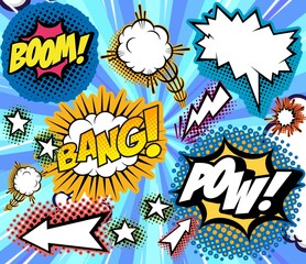 explosion, Comics pattern with vinyage elements. Space background, text symbols. Funny cinema collage.