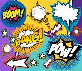 book explosion. Comics pattern with vinyage elements. Space background, text symbols. Funny cinema collage.