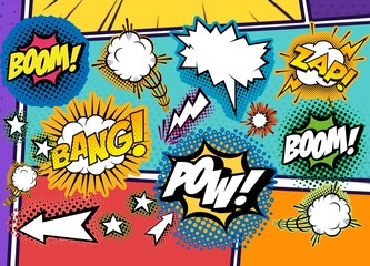 Comics pattern with vinyage elements. Space background, text symbols. Funny cinema collage.